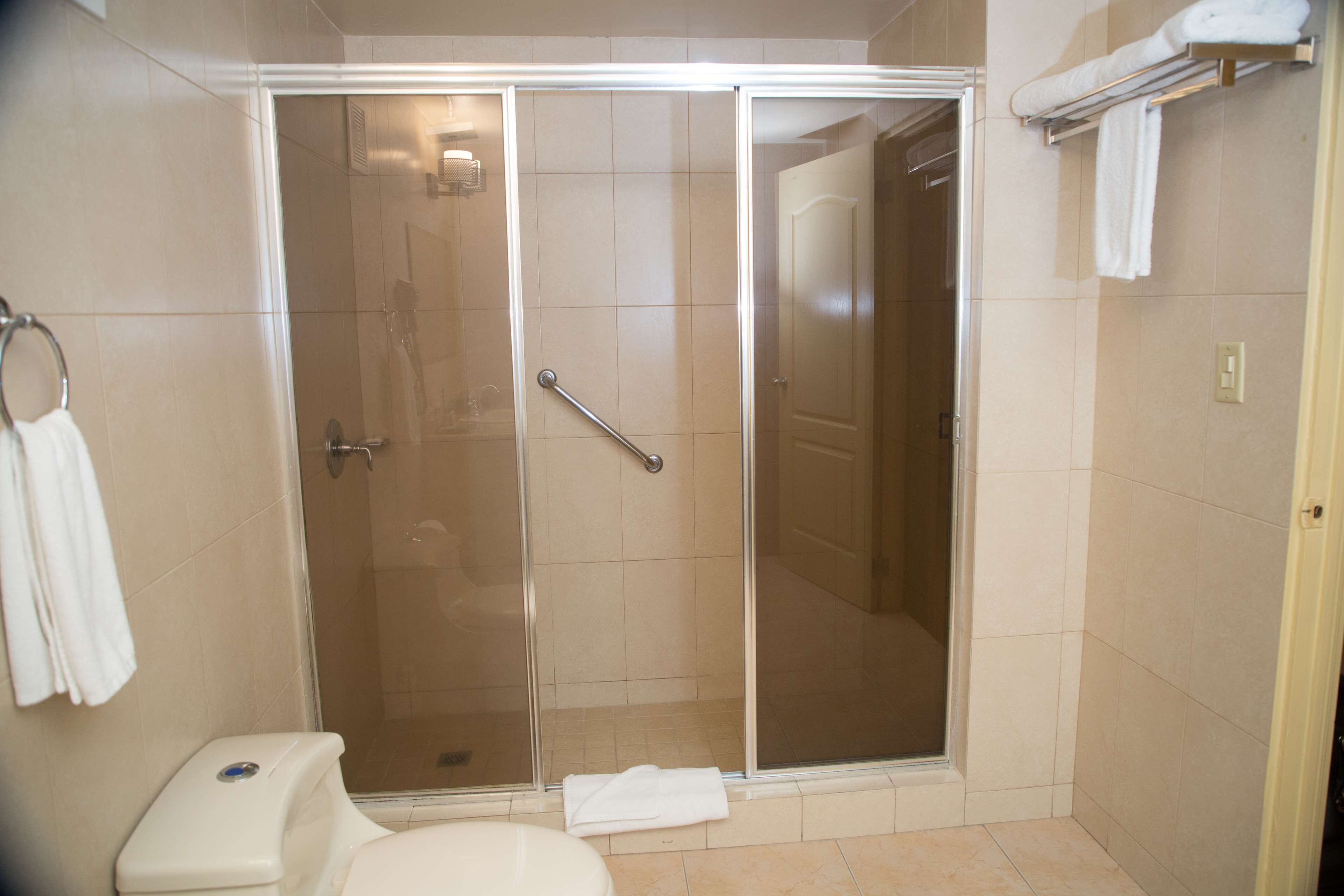 shower, free toiletries, hair dryer, towels