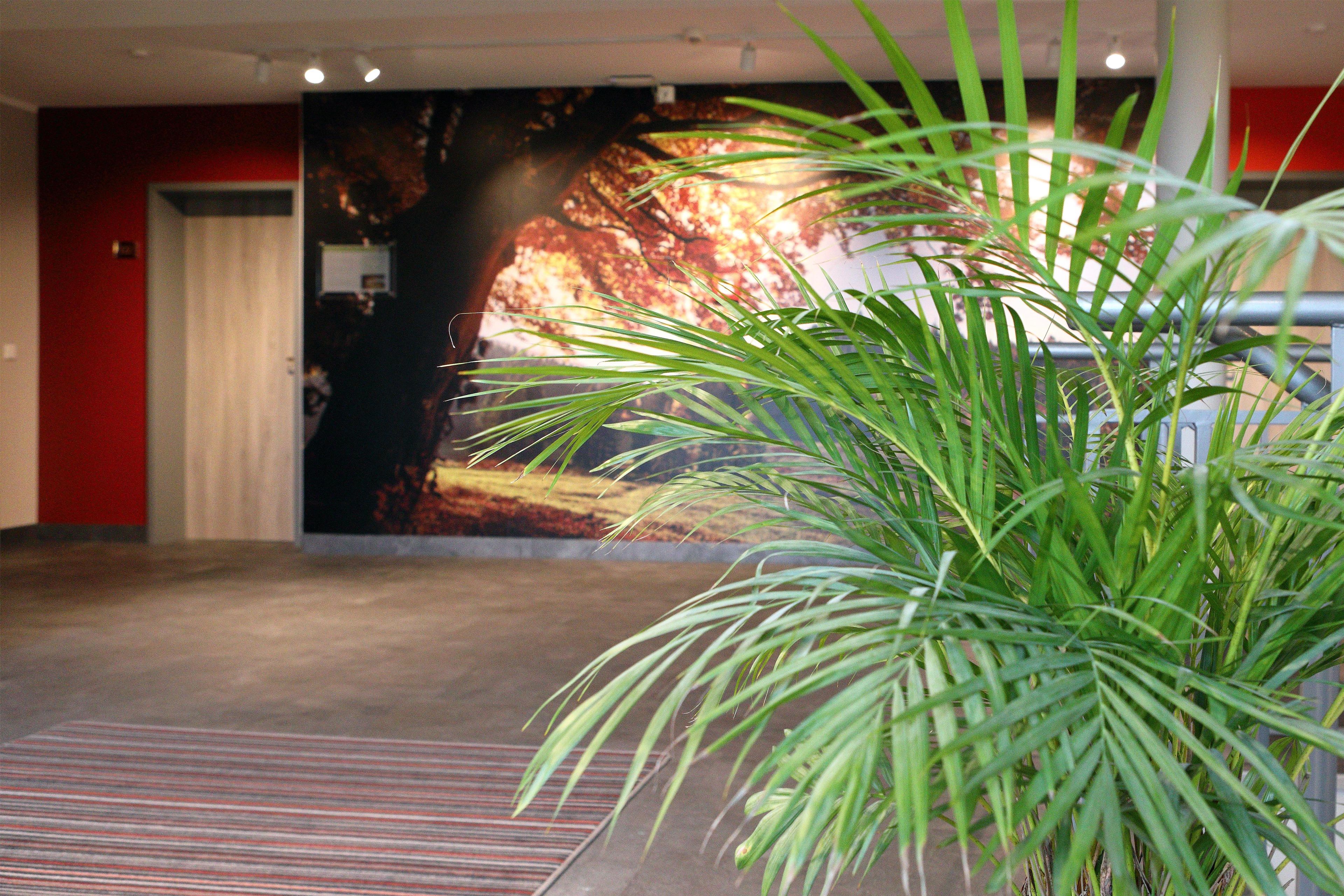 A hallway with a large mural on the wall, a potted plant in the foreground, and a door on the left.