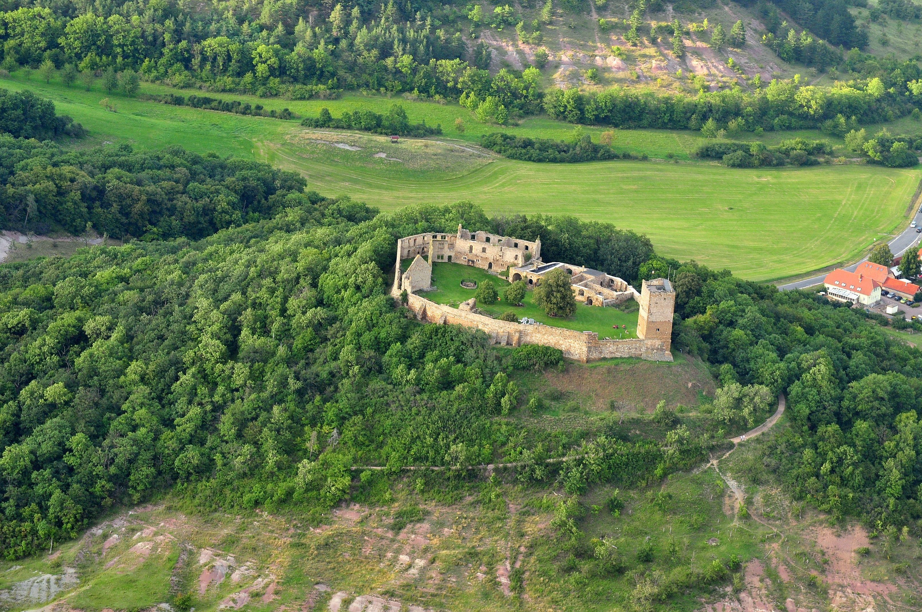 Eine Vogelperspektive eines historischen Schlosses, umgeben von dichtem Wald und offenen Feldern.