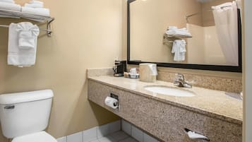 Hair dryer, towels, soap, shampoo