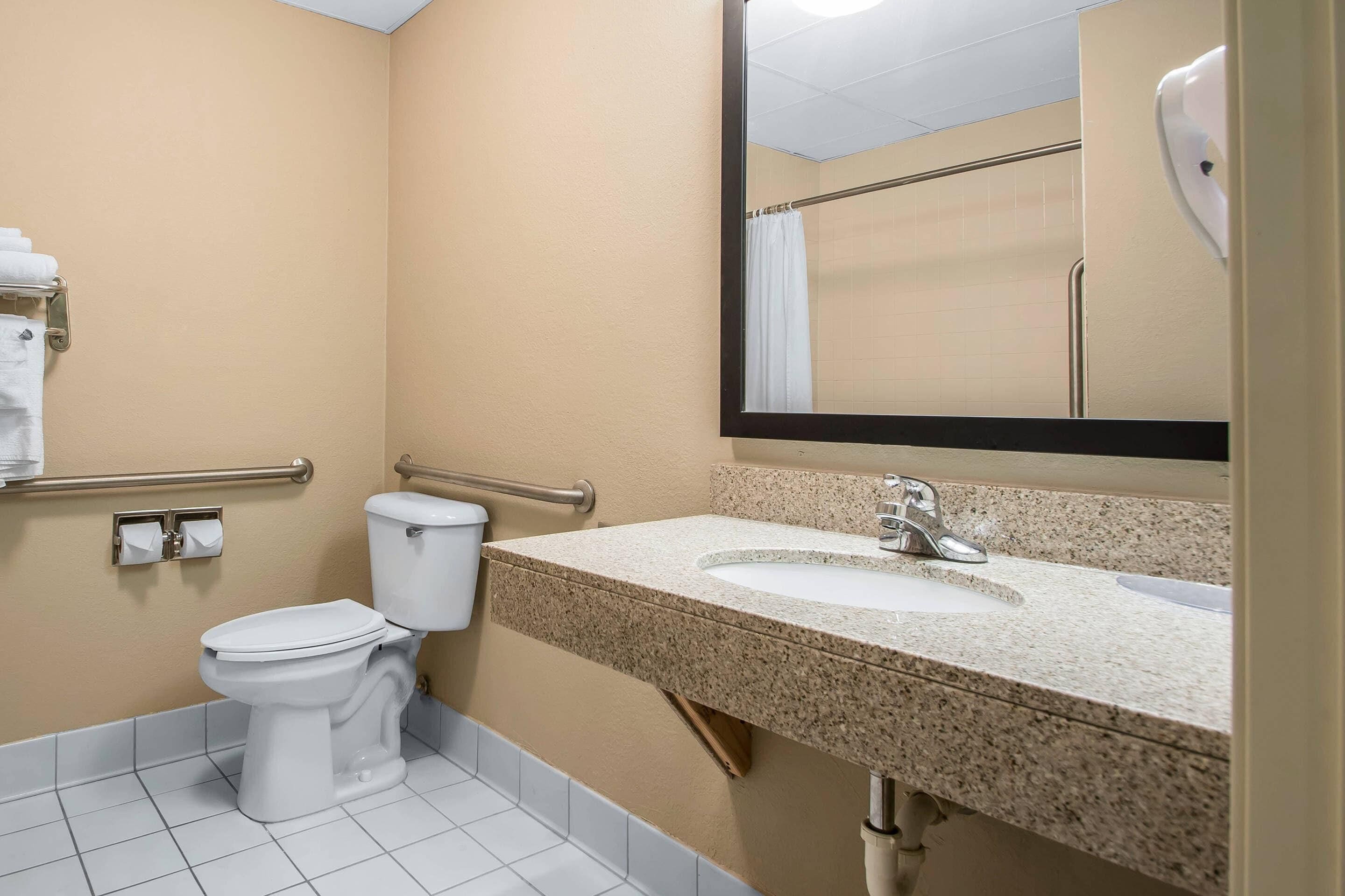 A bathroom with a toilet, a sink, a mirror, and a towel rack.