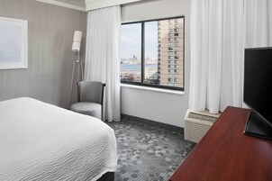 Desk, laptop workspace, blackout curtains, iron/ironing board