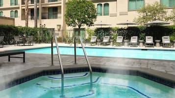 Outdoor pool, pool umbrellas, pool loungers