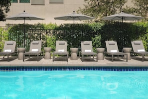 Outdoor pool, pool umbrellas, pool loungers