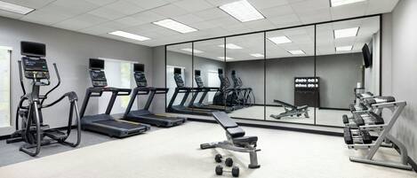 A gym with treadmills, elliptical machines, a bench press, and dumbbells.