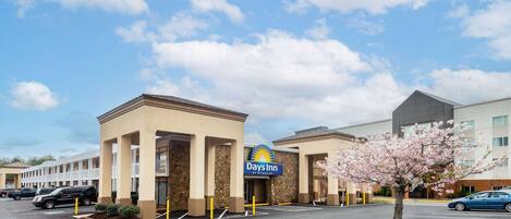 A Days Inn building with a stone facade, a parking lot, and a cherry blossom tree in front.
