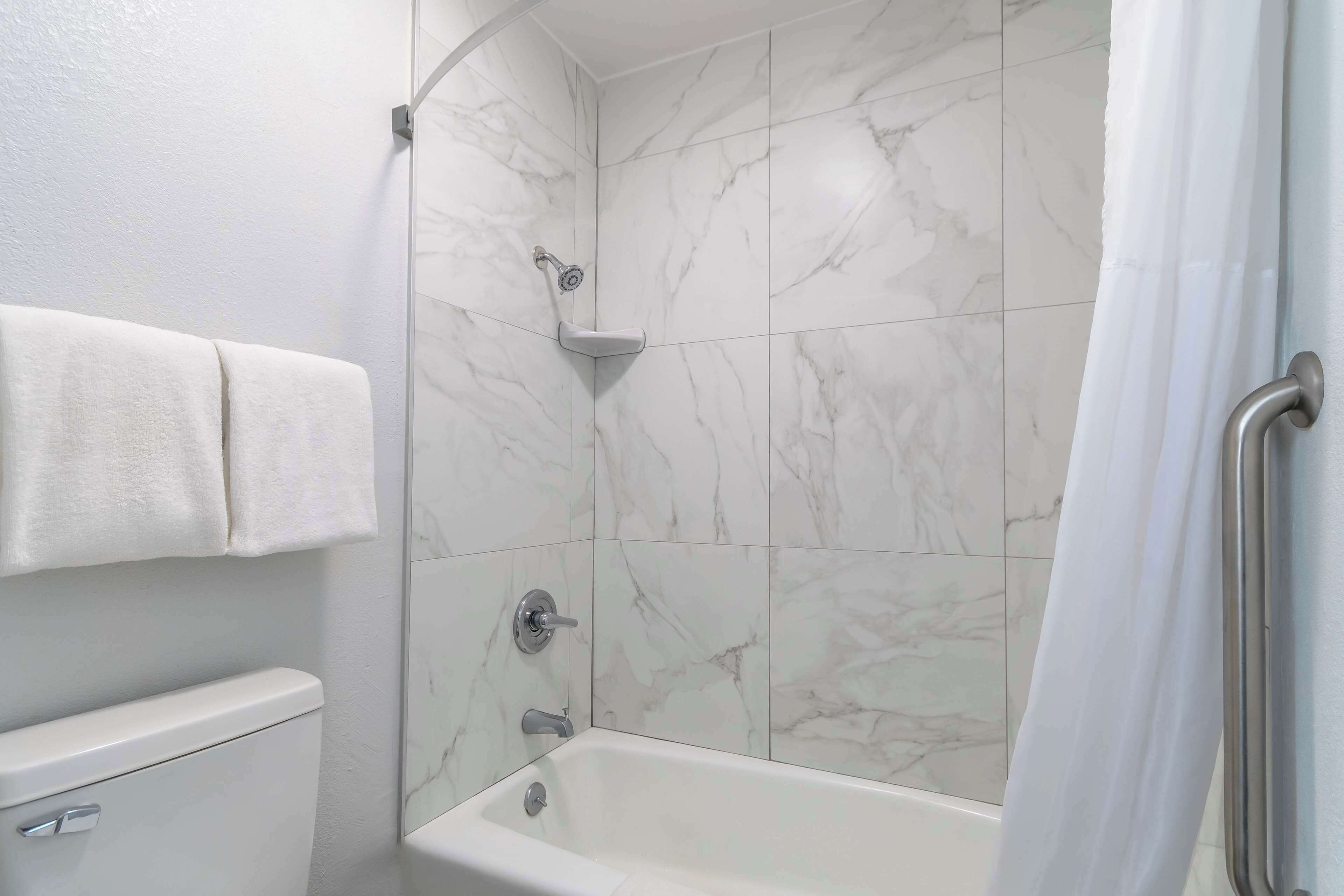 A bathroom with a bathtub, a shower, and a toilet.