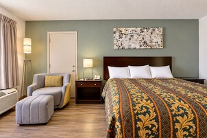 Habitación de hotel con cama, una silla, una mesita de noche, lámpara y un cuadro en la pared.
