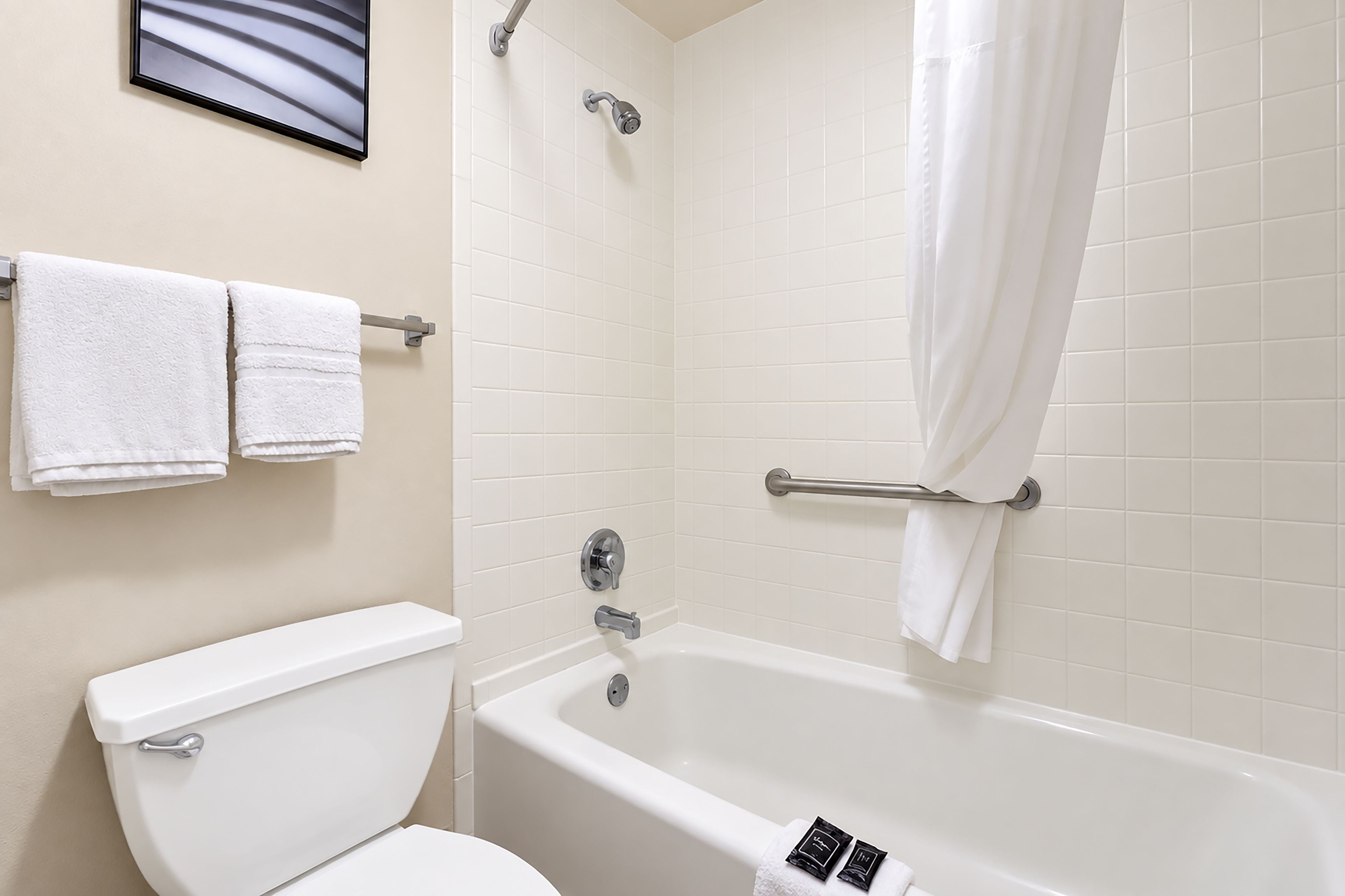 A bathroom with a white toilet, a bathtub, and a shower area.