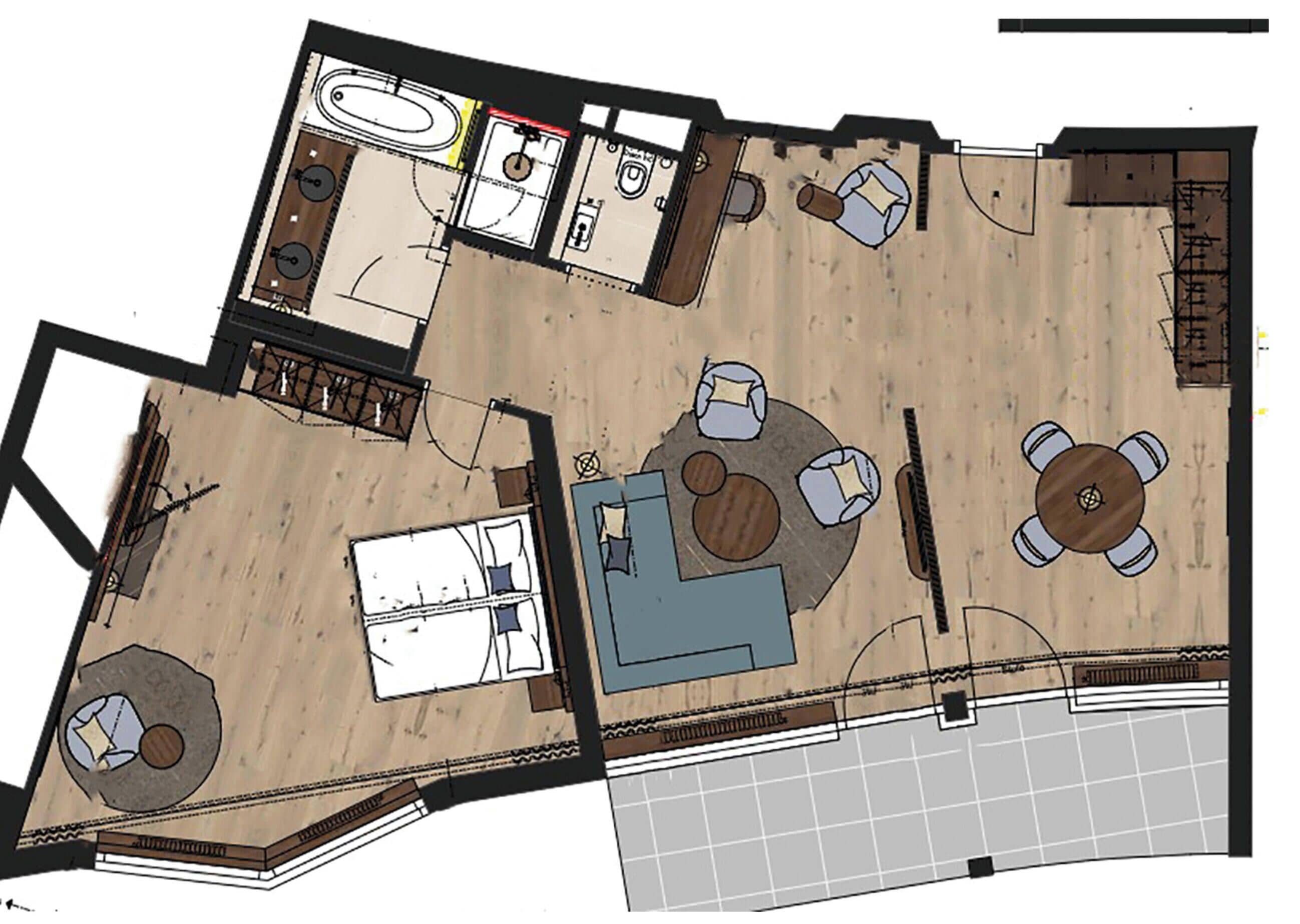 Een plattegrond van een hotel met een zwembad, meerdere kamers, een eetgedeelte en een bar.
