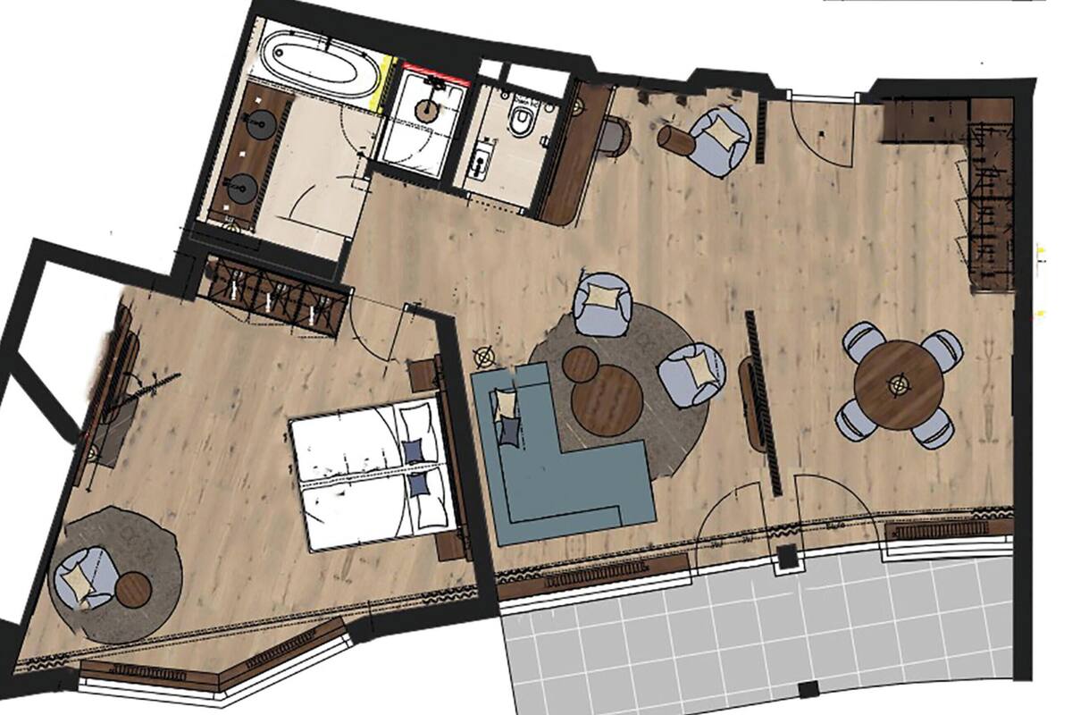 A hotel layout with a pool area, multiple rooms, a dining area, and a bar.