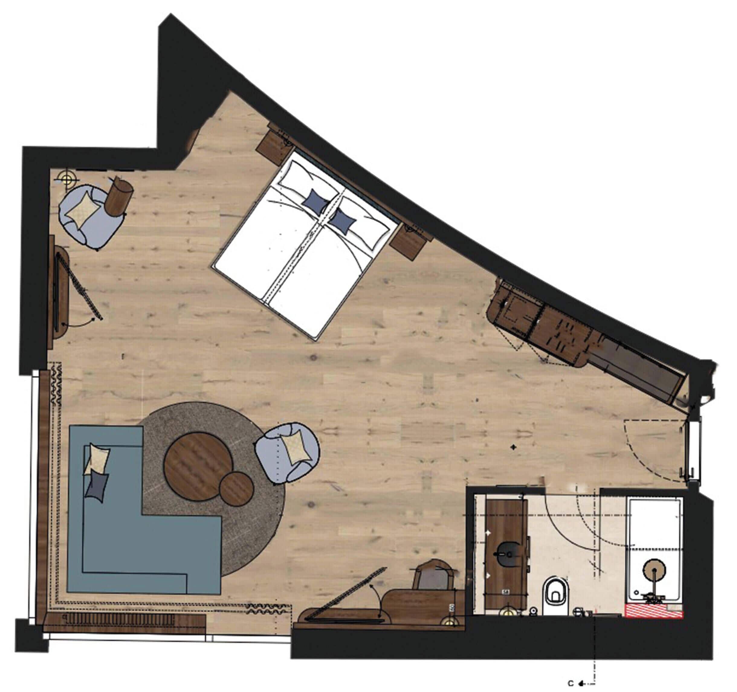 A floor plan with a living area, a dining space, a kitchen, and a bathroom.