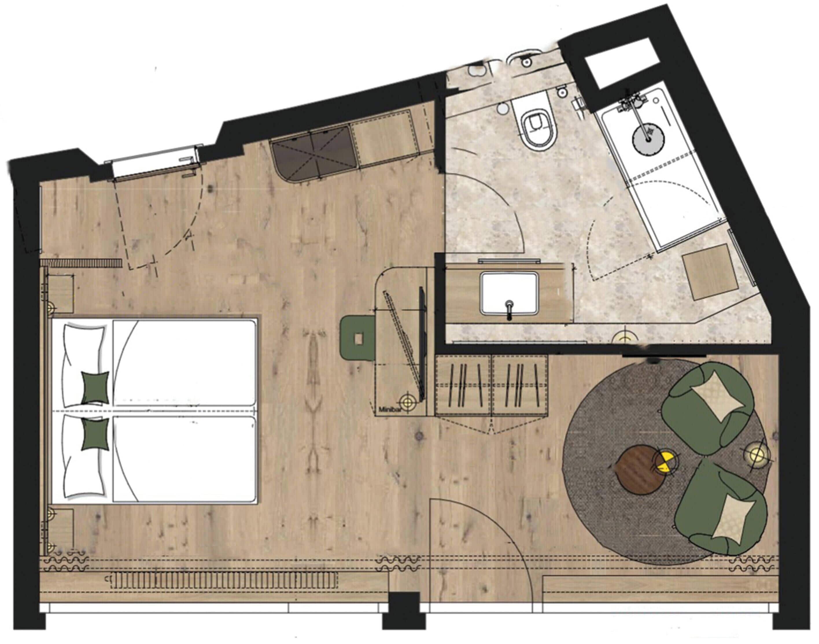 A floor plan with a large bedroom, a bathroom, a dining area, and a small circular seating area.