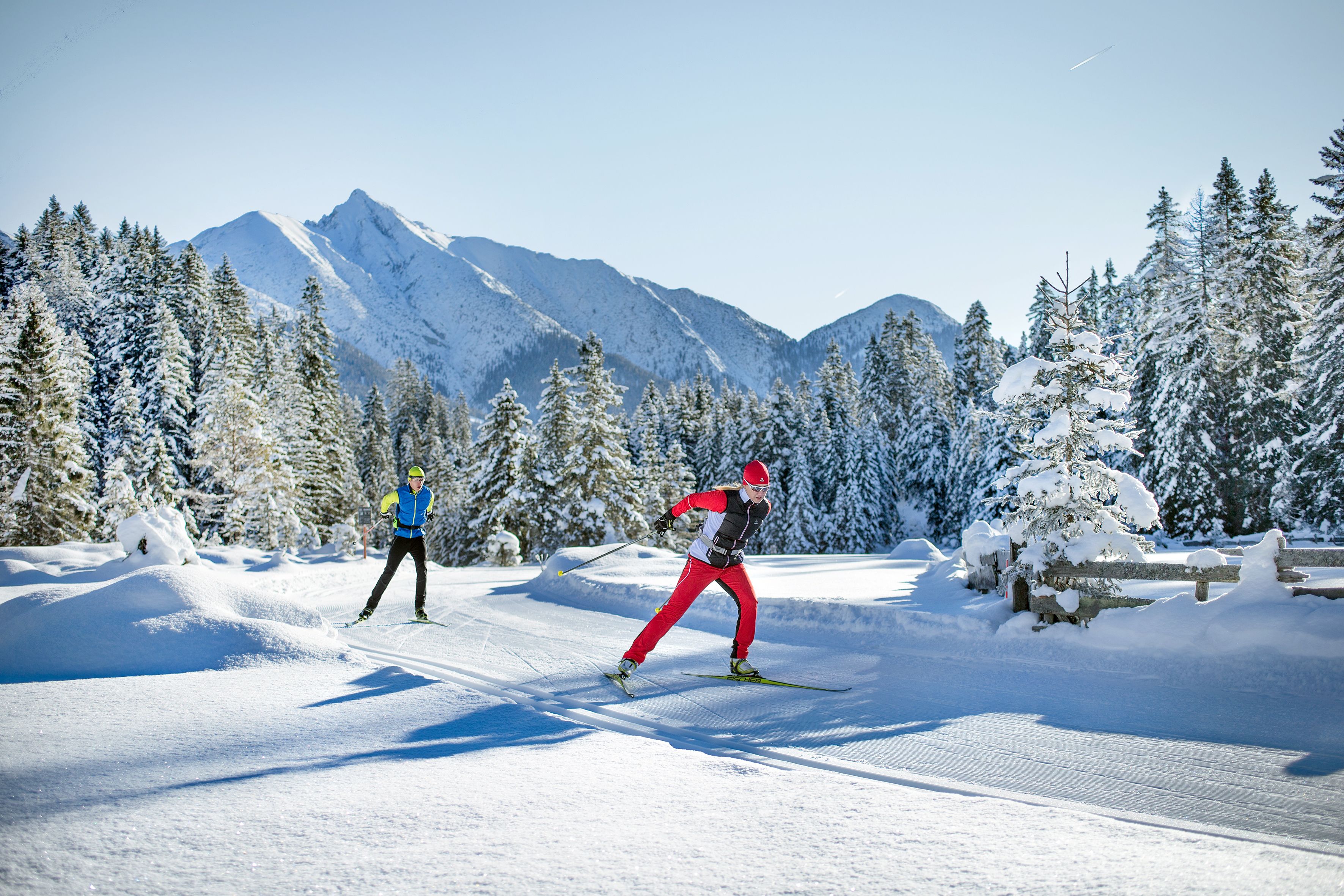 A snowy landscape with a skier in red and a snowboarder in blue.