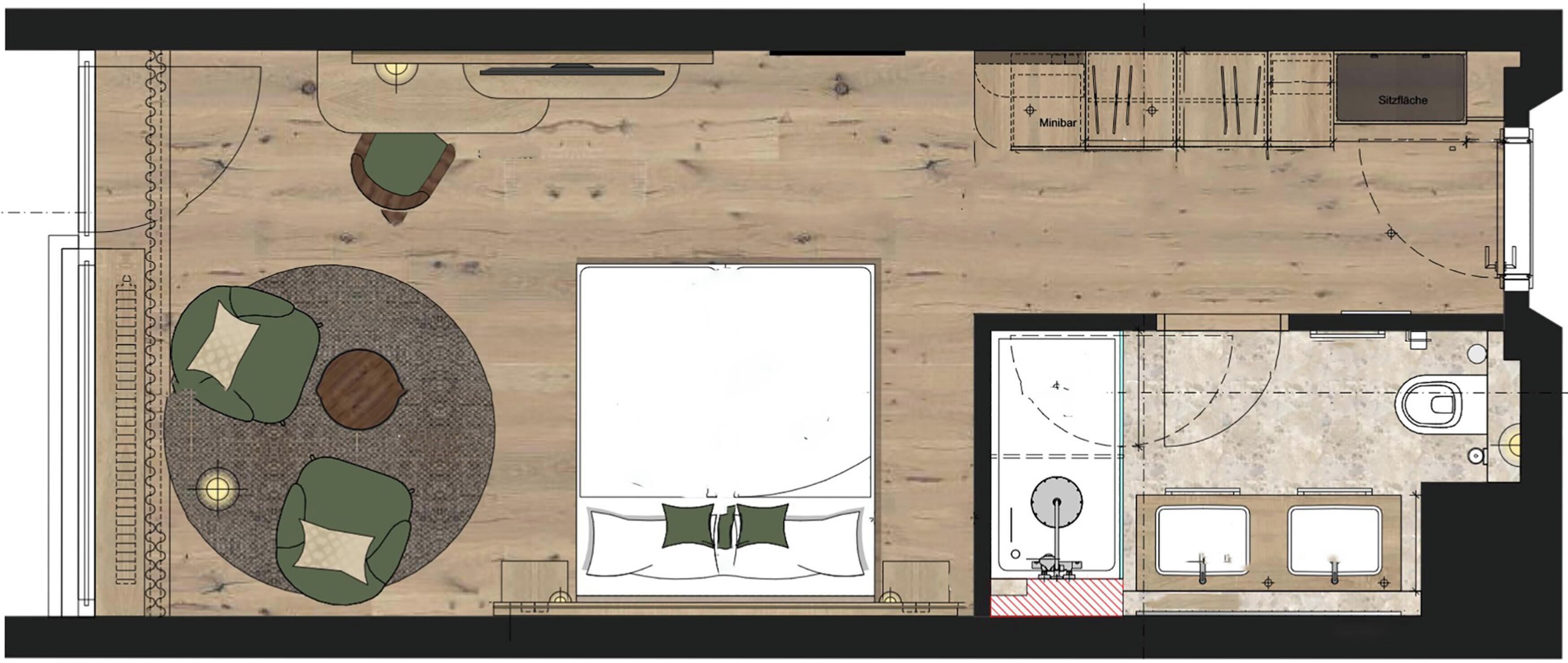 A floor plan with a large central room, a seating area with two green chairs, a small circular table, and a kitchenette area with two sinks.