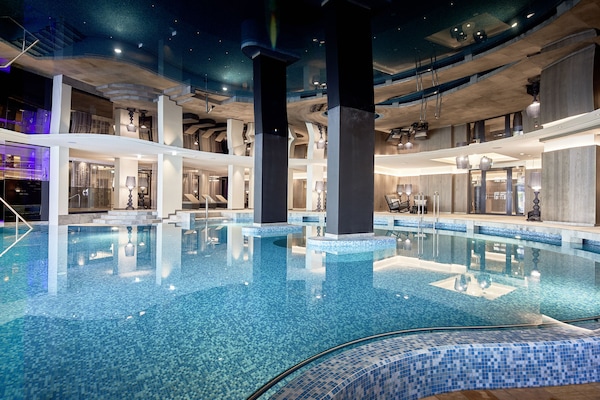 Indoor pool, outdoor pool, open 8:00 AM to 8:00 PM, pool umbrellas