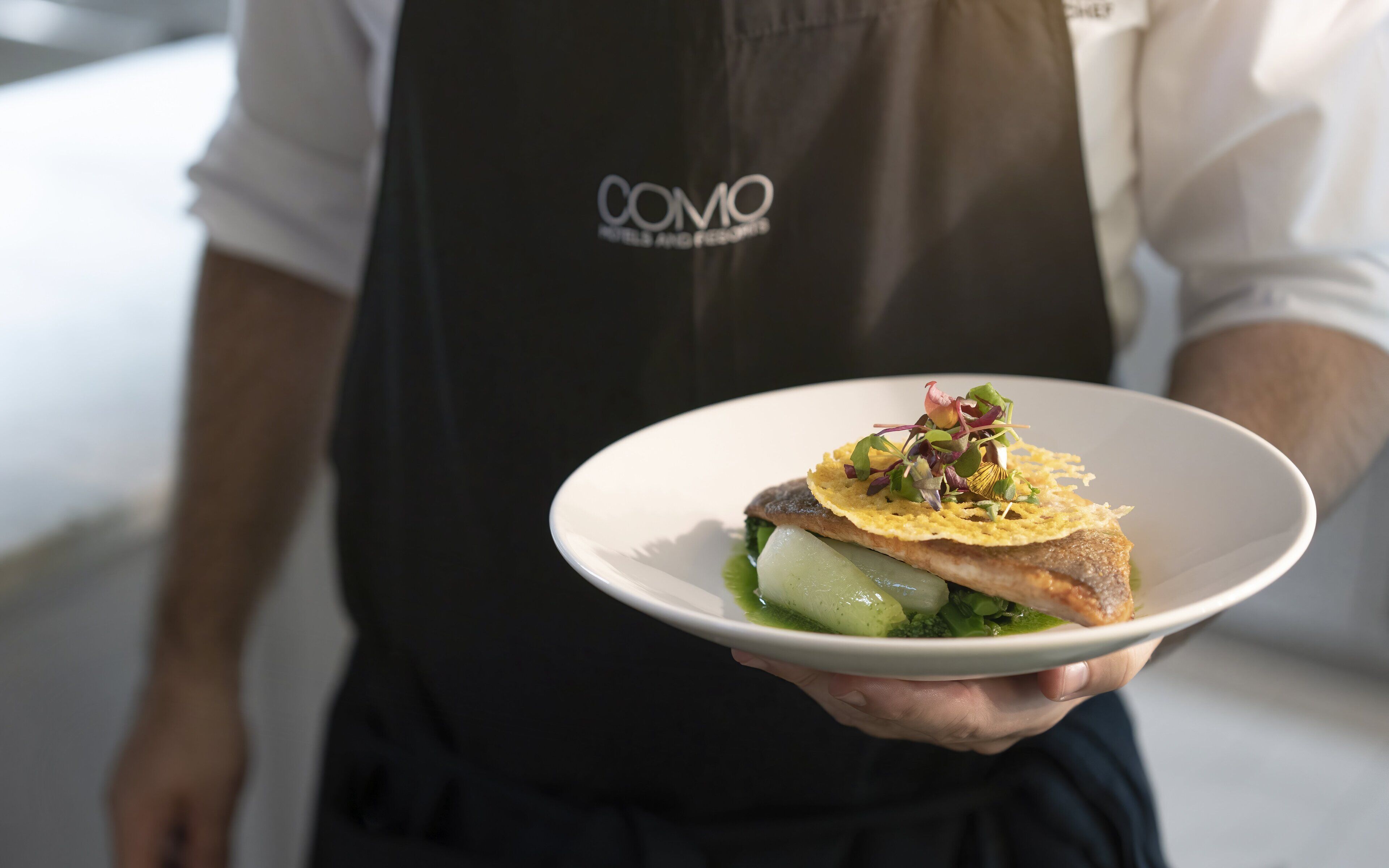 Una persona sosté un plat blanc amb un plat de peix, portant un avental negre amb el logotip 'COMO'.