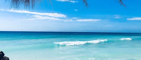 Una spiaggia nelle vicinanze, sabbia bianca, lettini da mare, ombrelloni