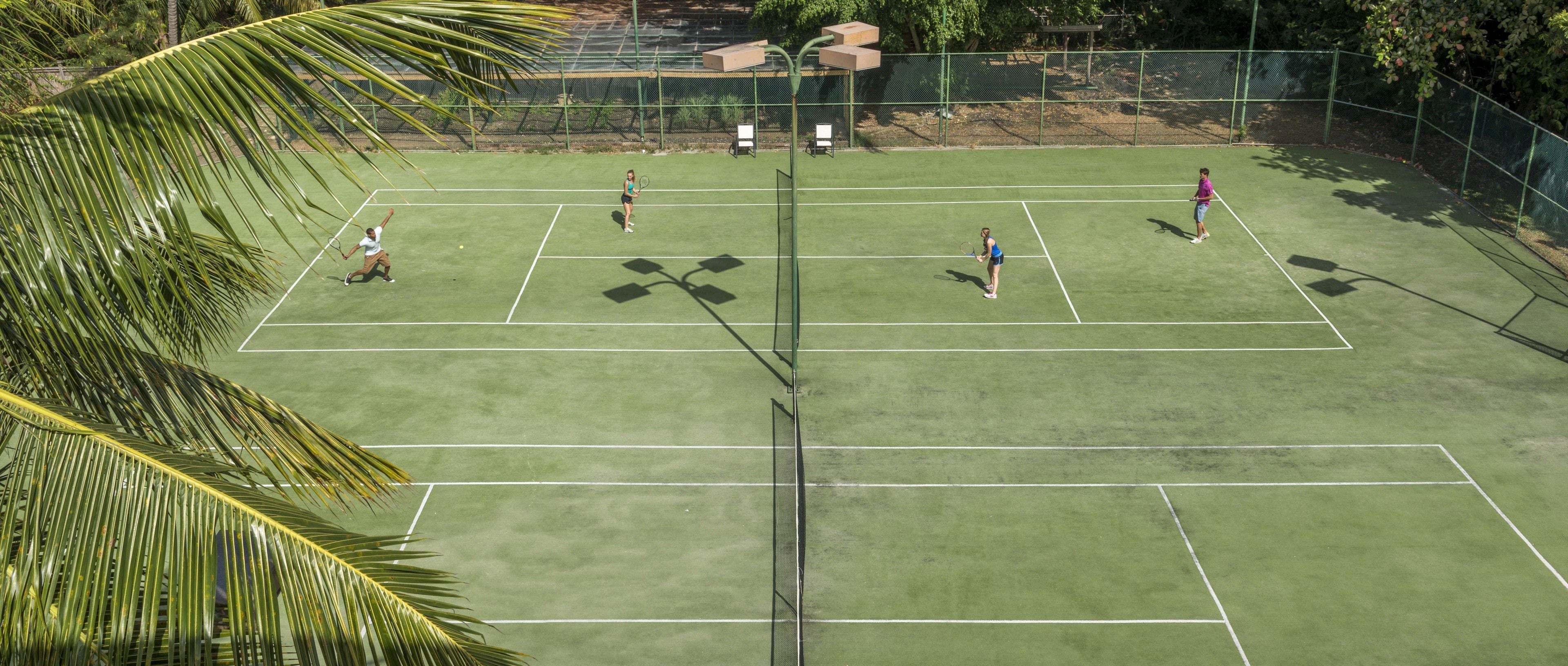 A tennis court with a net, palm trees, and a fence.