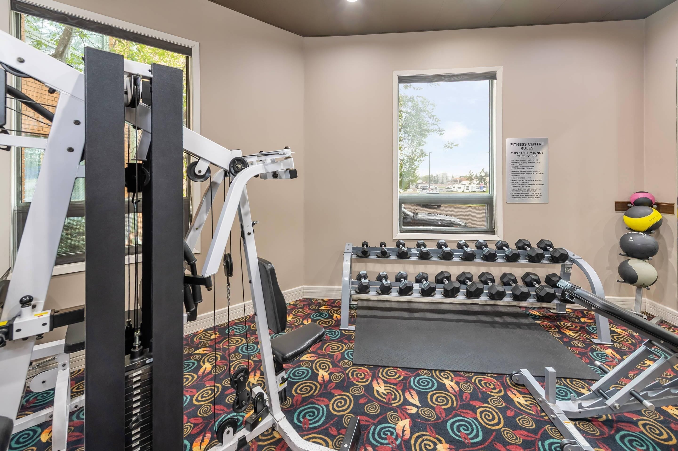 A gym with exercise equipment, a rack of dumbbells, and a window with a view.