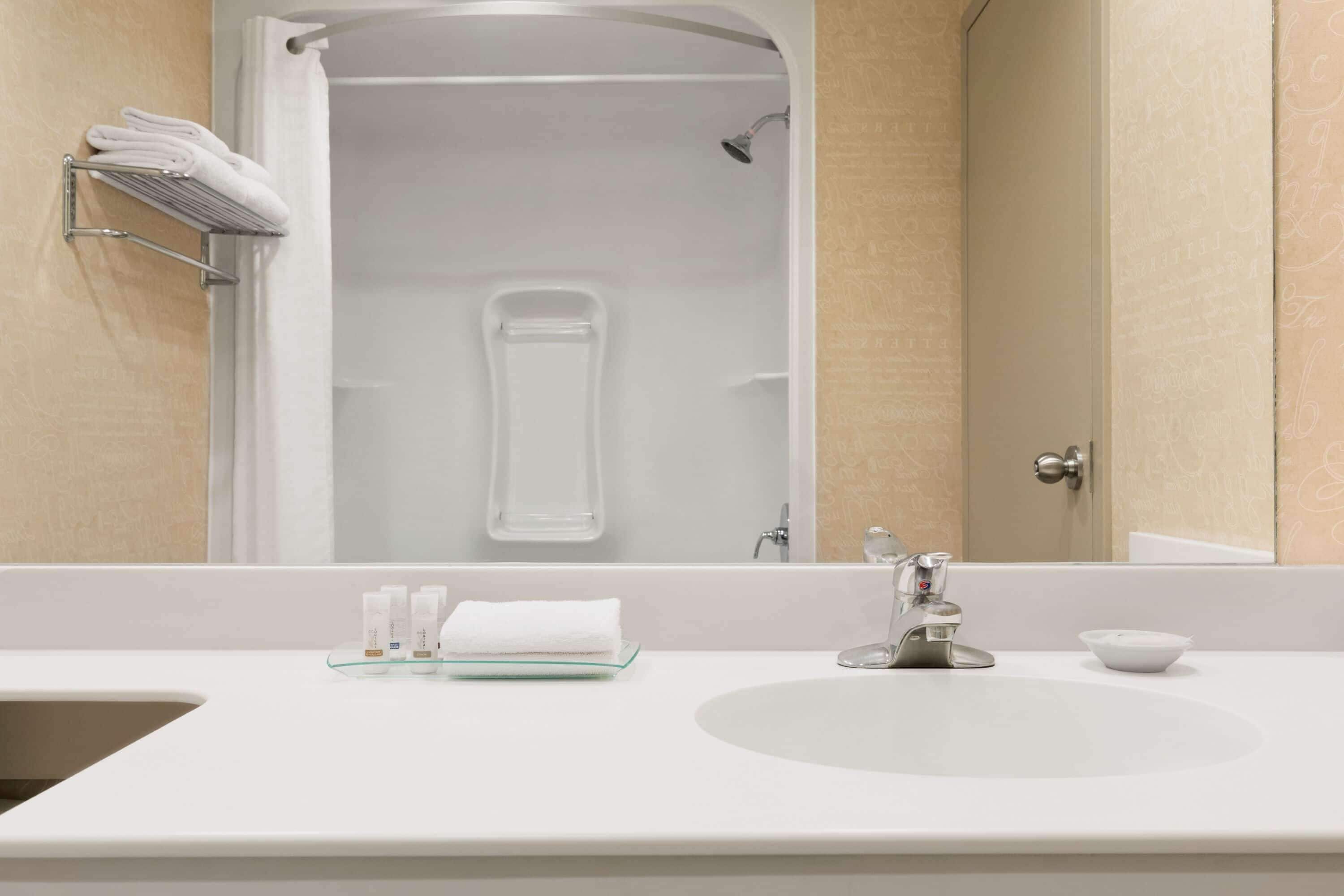 combined shower/bathtub, free toiletries, hair dryer, towels