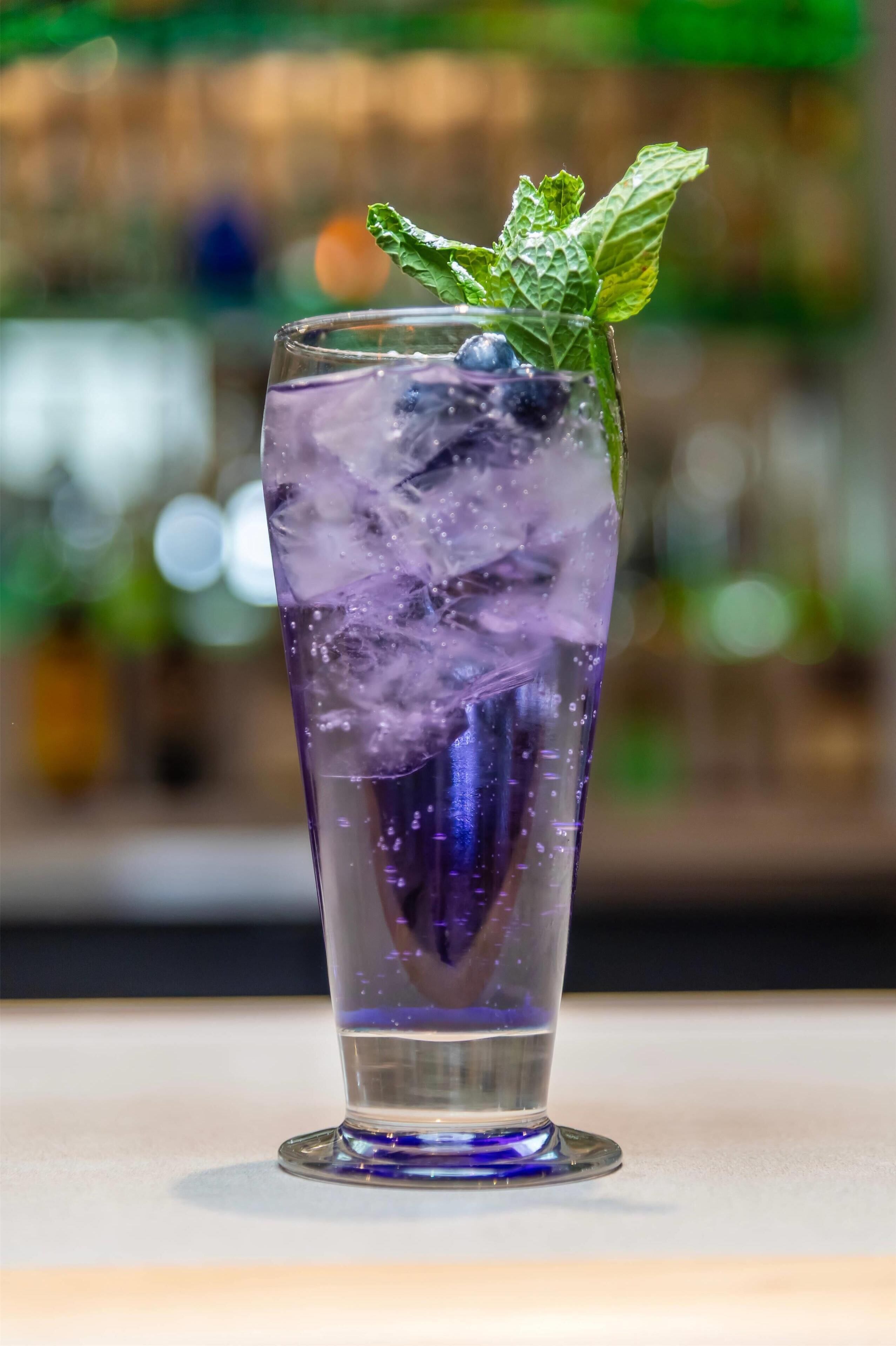 A tall glass with a purple drink, ice, and a mint leaf garnish.
