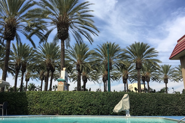 Udendørs pool, åben fra kl. 09.00 til kl. 21.00, liggestole