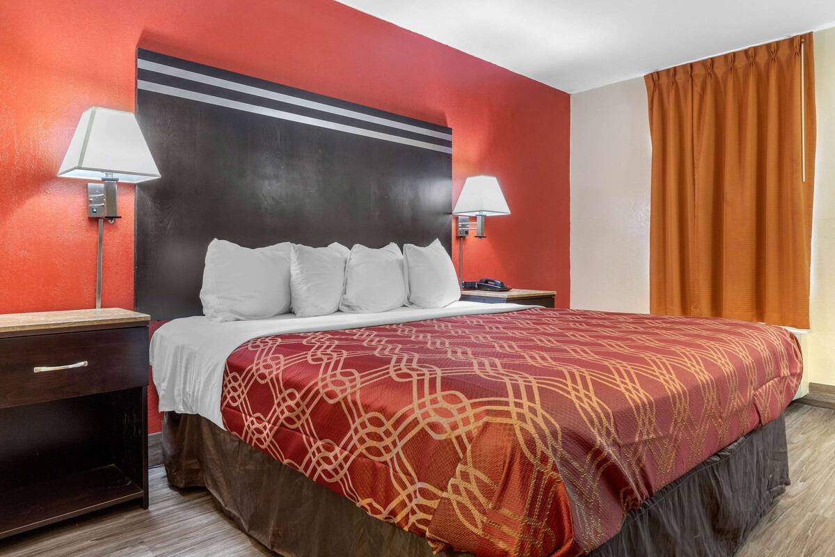 A hotel room with a large bed, two bedside lamps, a dark nightstand, and a red and black headboard.