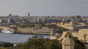 A coastal cityscape with historic buildings, a prominent tower, and a cruise ship docked near the waterfront.