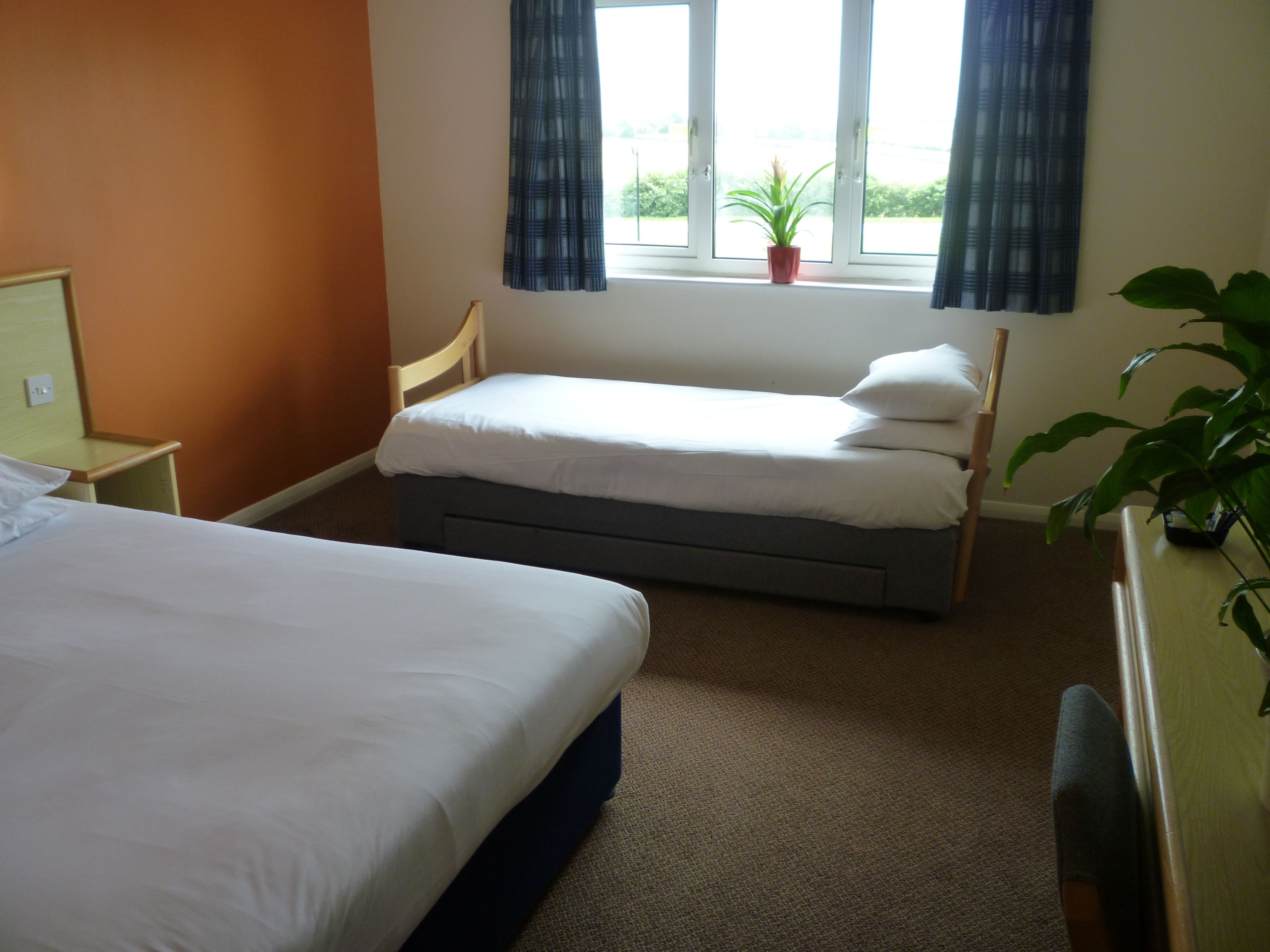 Une chambre d’hôtel avec deux lits simples, une petite fenêtre avec des rideaux, une plante en pot et un bureau avec une chaise.