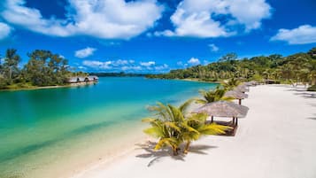 Relax on the pristine white sandy shore, surrounded by lush greenery and palm trees.