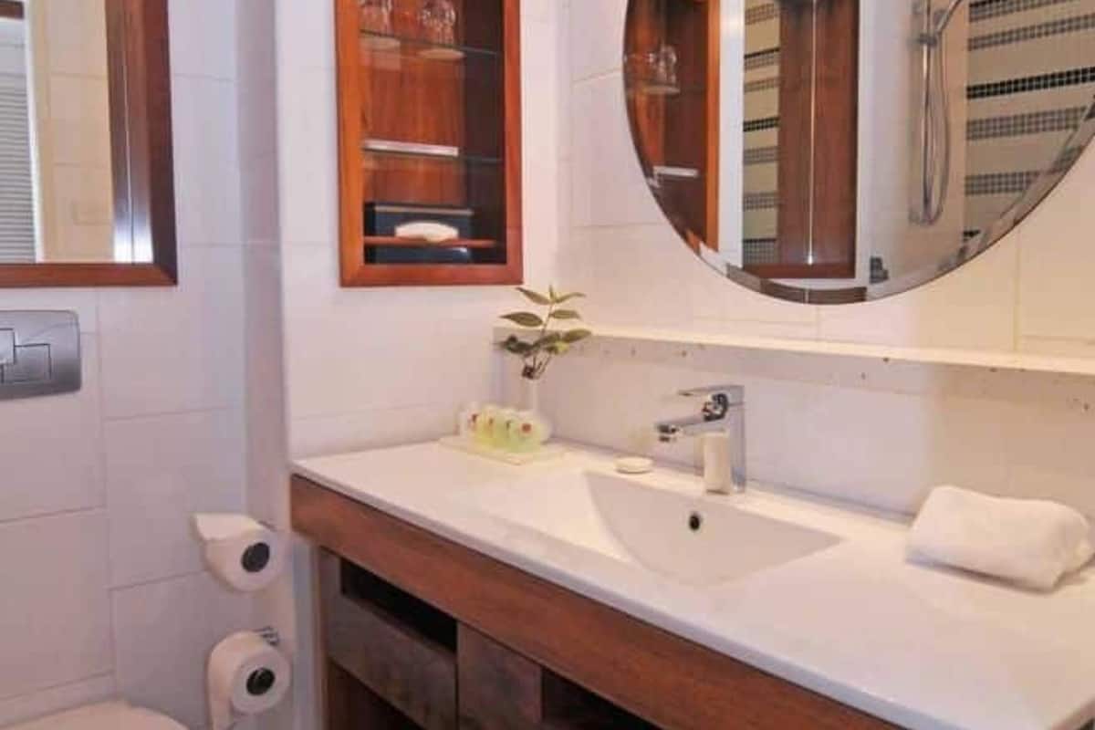 combined shower/bathtub, deep-soaking bathtub, free toiletries