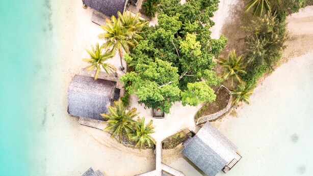 An aerial view of a beach resort with a series of thatched-roof huts connected by a central walkway, surrounded by palm trees and clear turquoise waters. - Holiday Inn Resort Vanuatu by IHG (Port Vila)