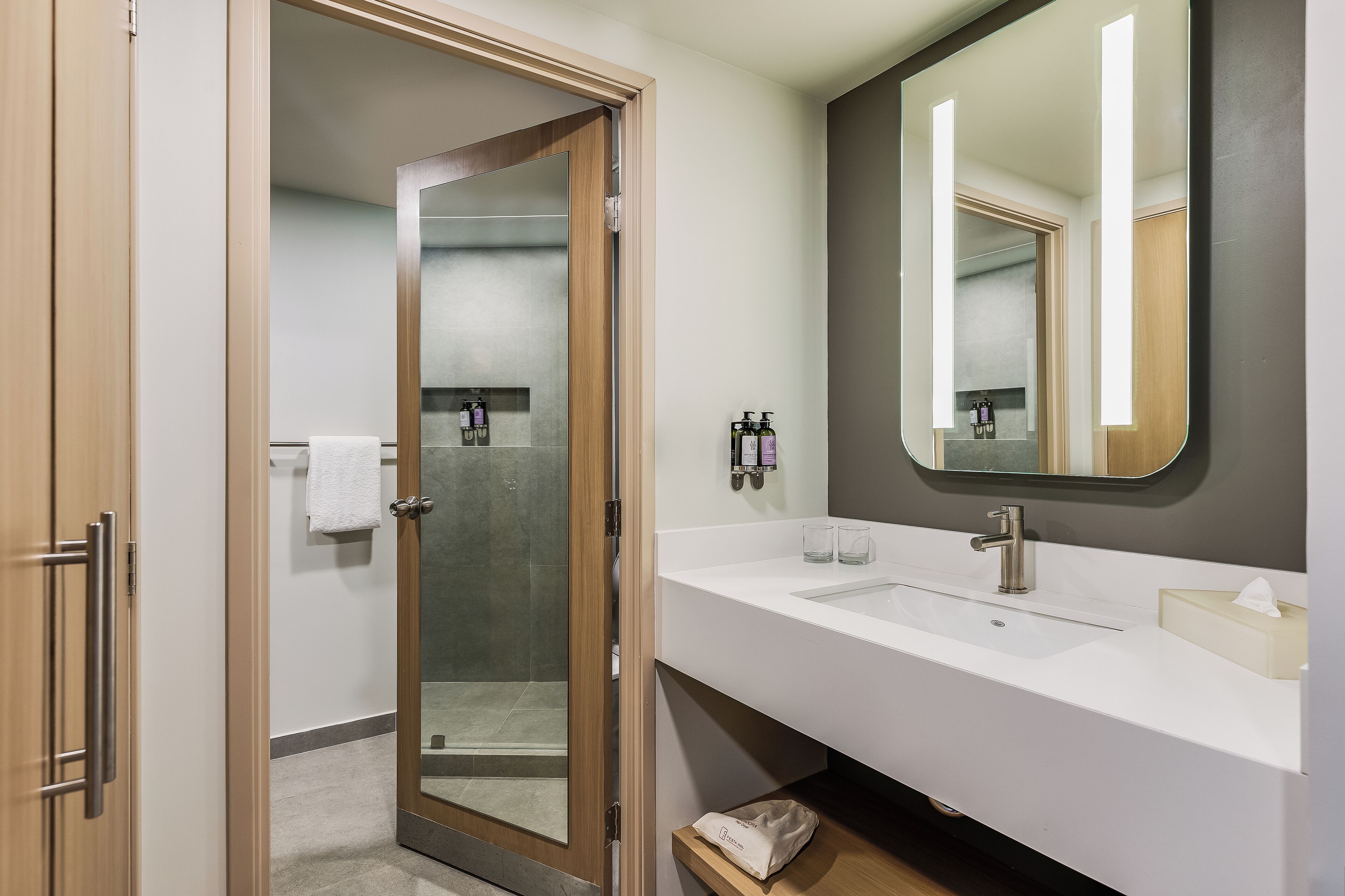 Une salle de bain moderne avec une porte de douche en verre, un lavabo blanc, un grand miroir et un porte-serviettes.