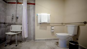 Un baño con ducha, inodoro, barra de apoyo, barra de seguridad, cubo de basura y una silla blanca.