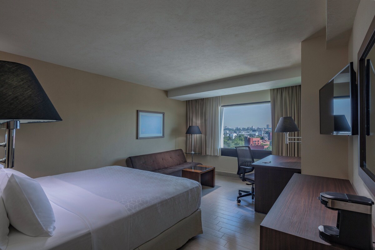 A hotel room with a bed, a sofa, a desk, a TV, and a window with a city view.