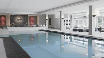 Piscina interna, piscina externa sazonal, guarda-sóis, espreguiçadeiras