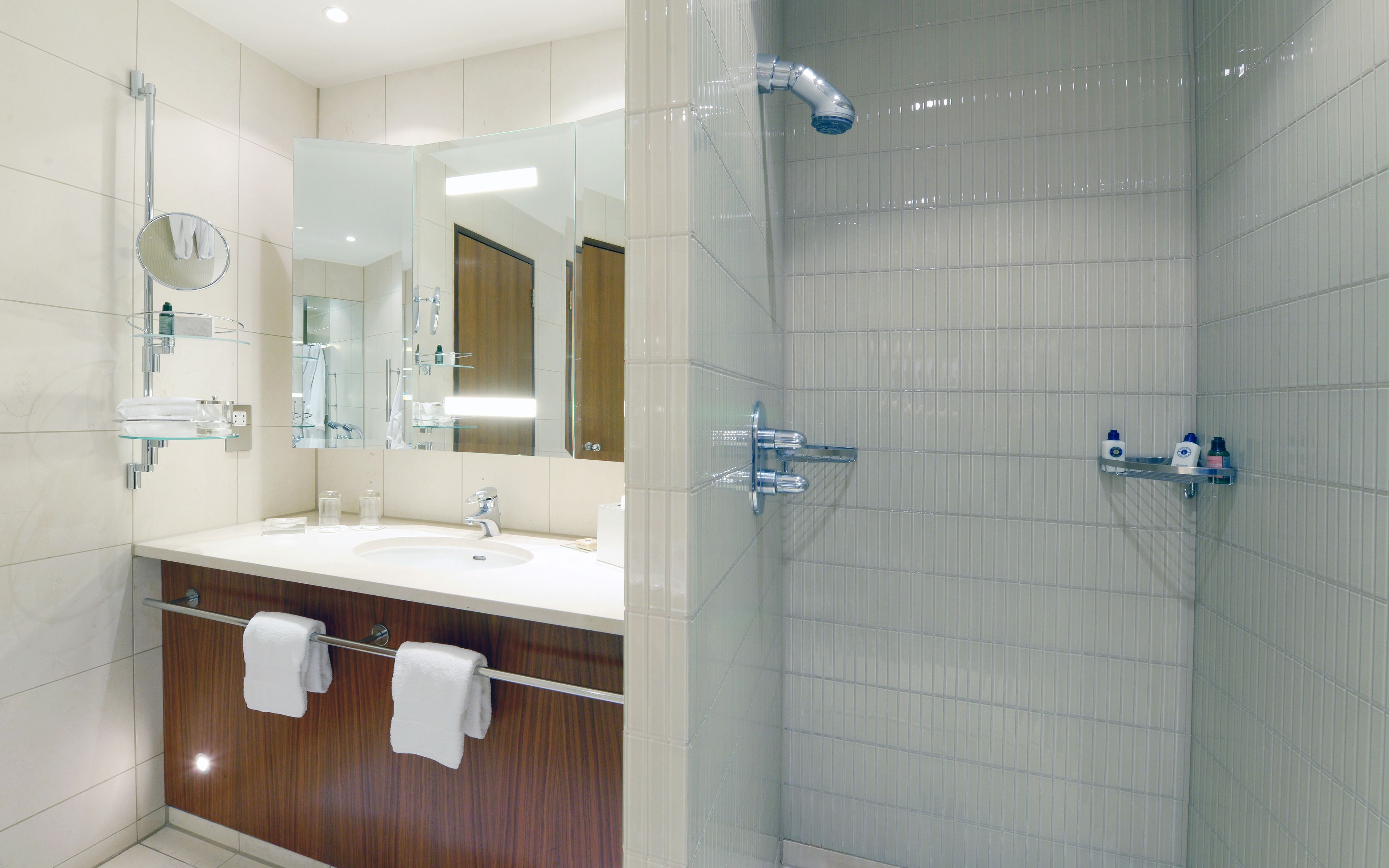 A modern bathroom with a glass shower enclosure, a vanity with a sink, and a mirror.
