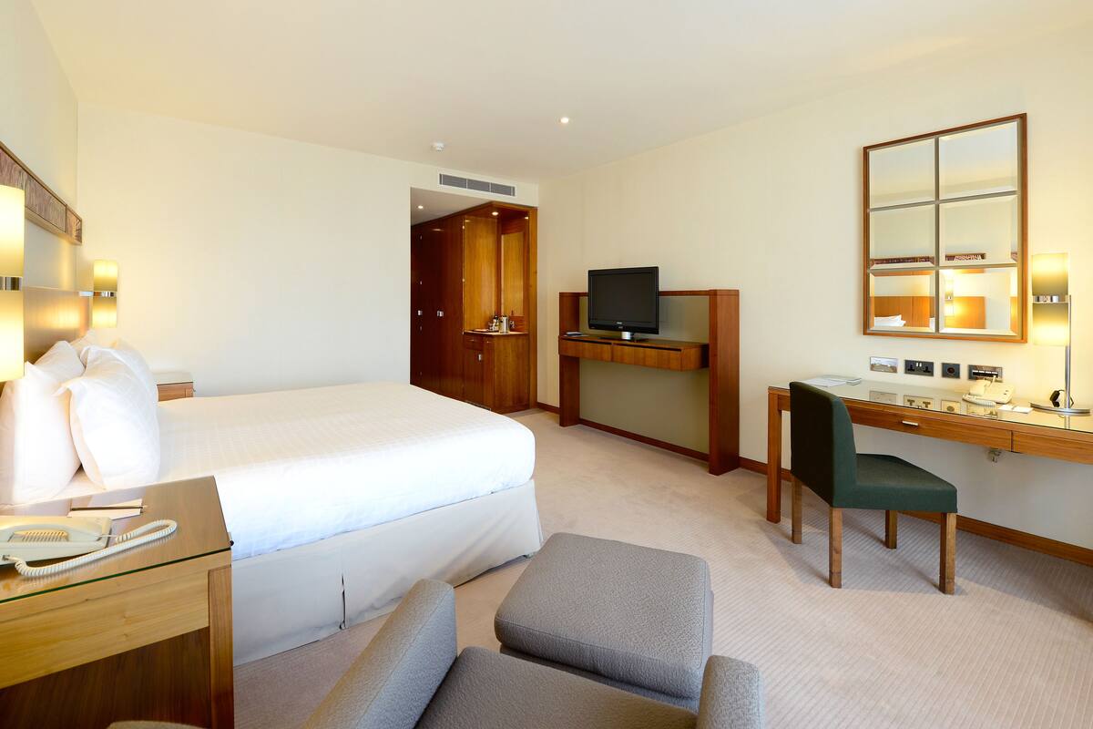 A hotel room with a bed, a desk, a chair, a television, a telephone, and a mirror.