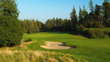 A golf course with a sand bunker, trees, and a clear sky.