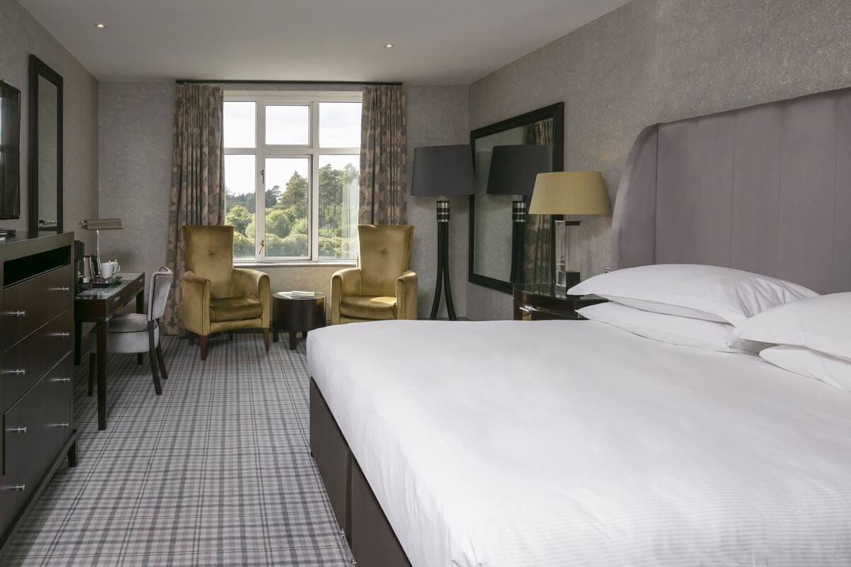 A hotel room with a bed, two armchairs, a desk, a lamp, a mirror, and a window with a view of trees.