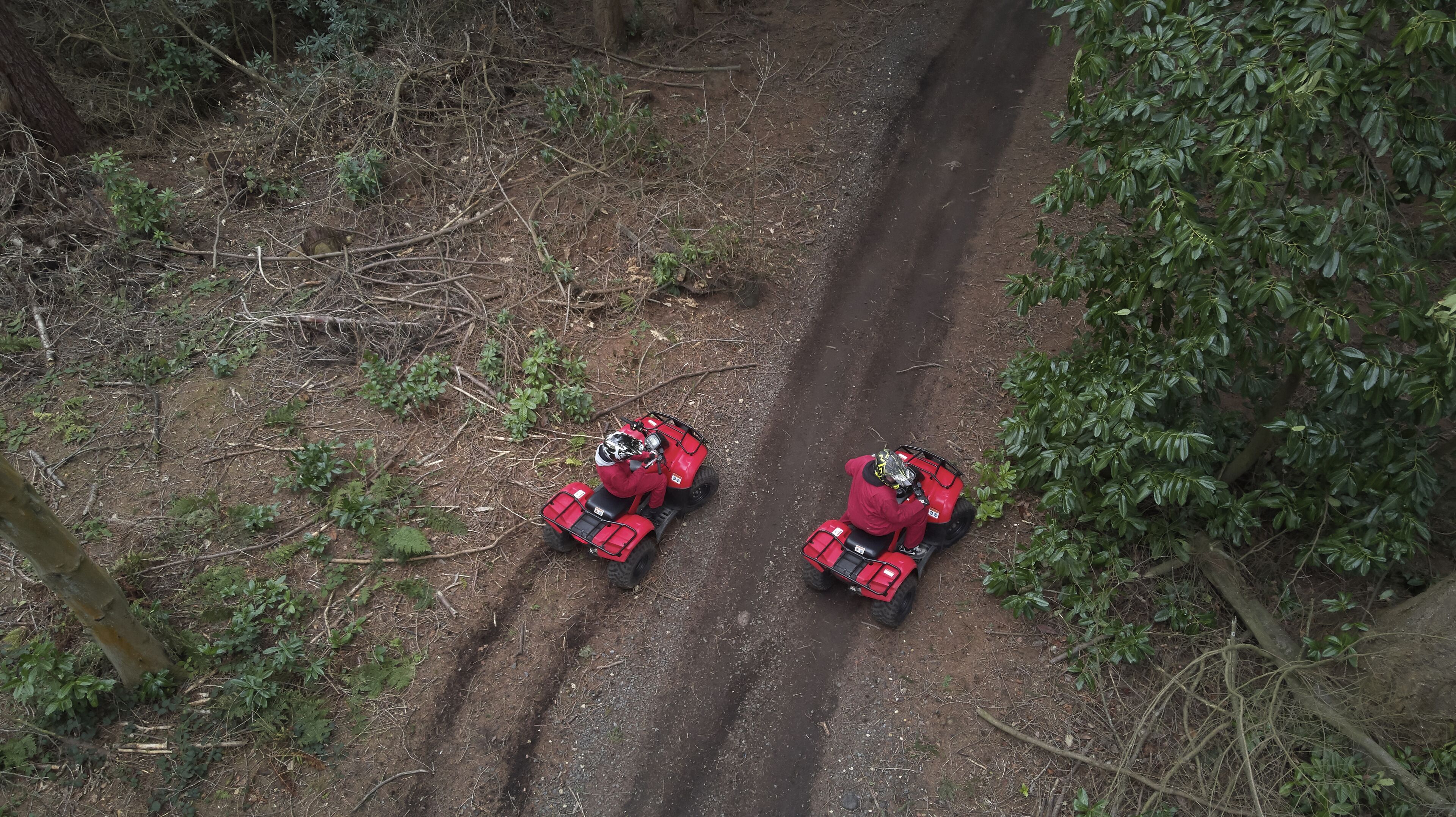 Dos cuatrimotos rojas en un camino de tierra rodeadas de vegetación densa.