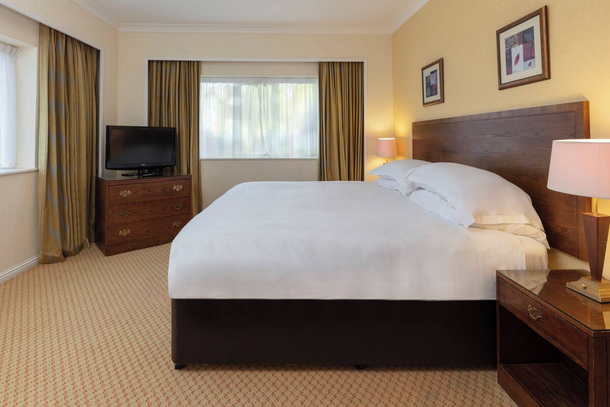 A hotel room with a large bed, a television on a wooden dresser, a nightstand with a lamp, and a window with curtains.