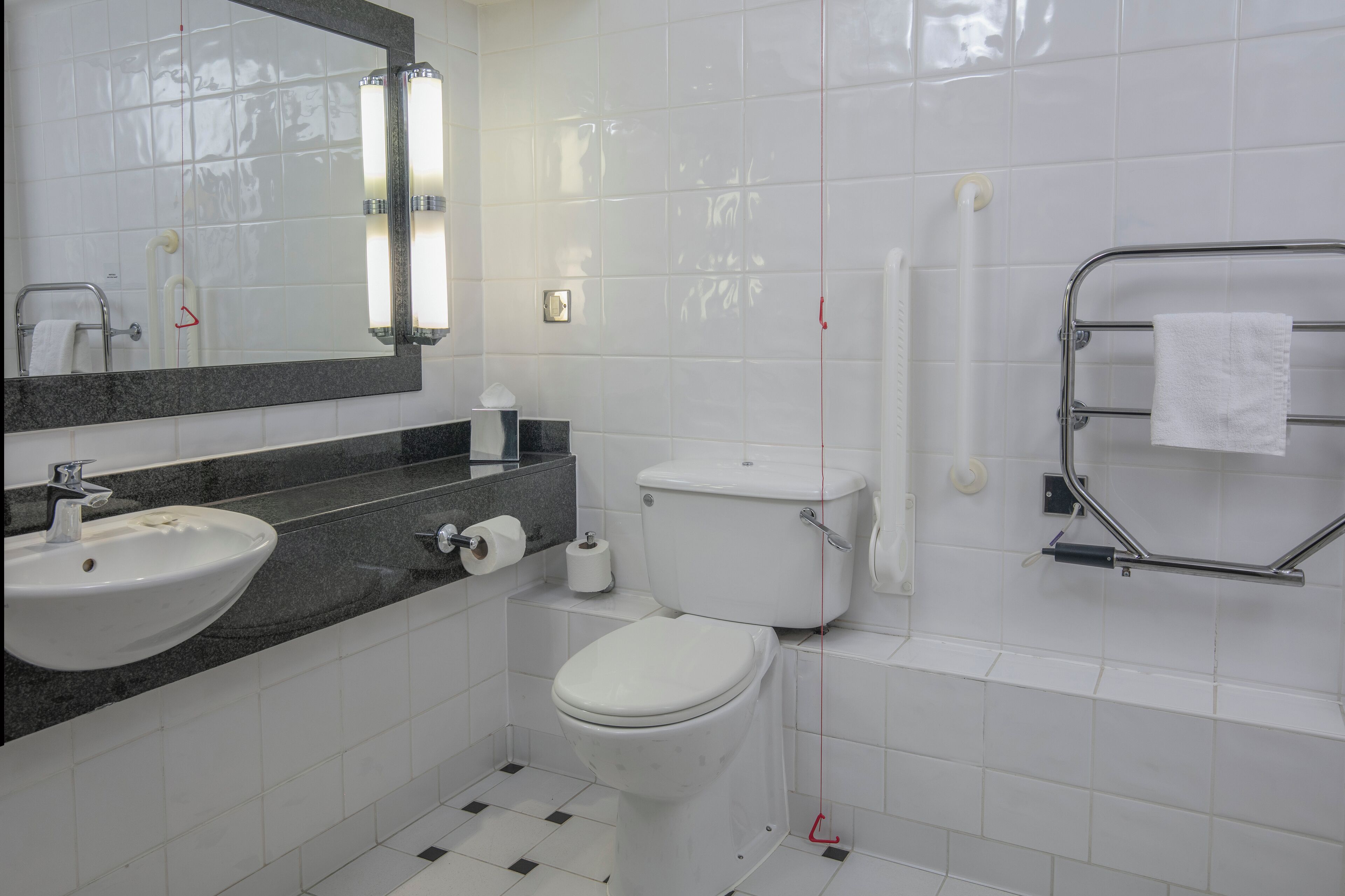 A bathroom with a sink, toilet, and towel rack.