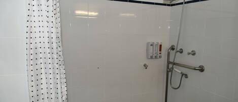 Eine Dusche mit Duschbrause, Handbrause und Wandarmatur.