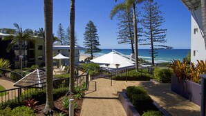 A resort with a beach view, palm trees, and a covered seating area. - Beach Retreat Coolum (Coolum Beach)