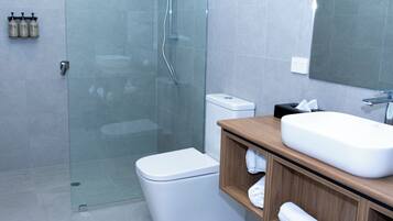 Shower, free toiletries, hair dryer, towels