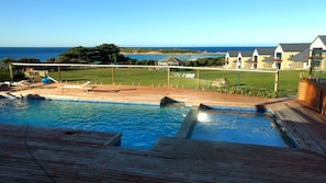 Seasonal outdoor pool, pool loungers