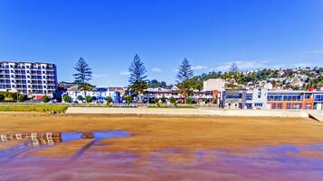 A coastal area with a sandy beach, buildings, and trees.