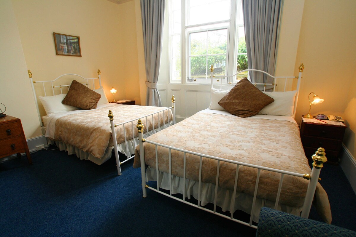 A bedroom with two single beds, a nightstand with a lamp, a dresser, and a window with curtains.